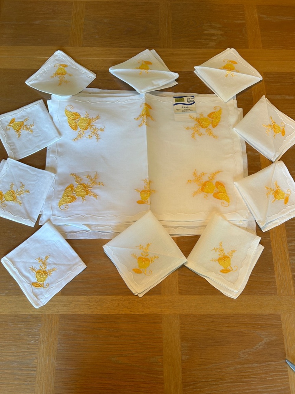White and Yellow Embroidered Table cotton Set of 10 placemats, and napkins